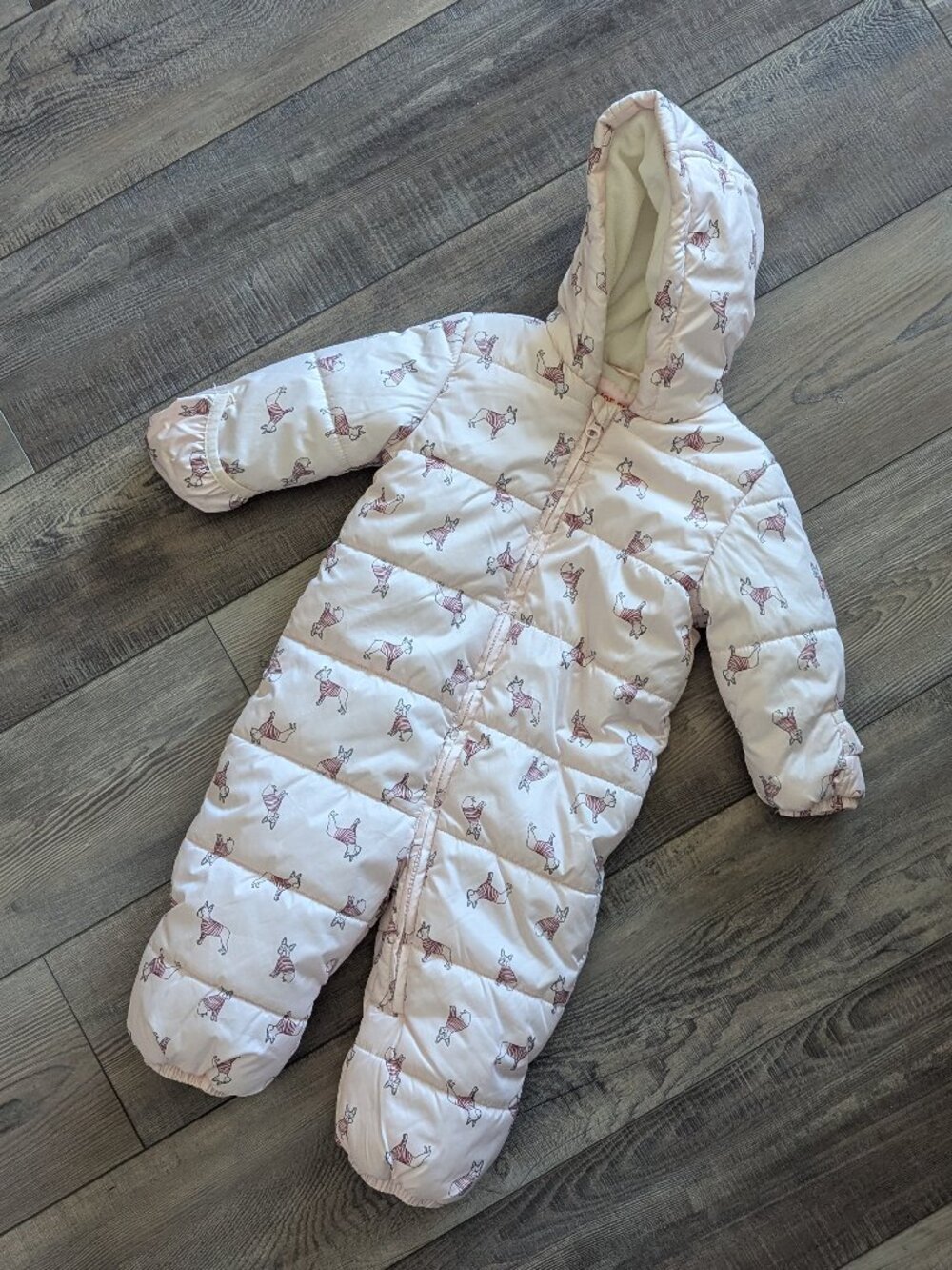 Joe Fresh Infant Puffer Snowsuit Hand Foot Foldovers Warm Winter Dog Pink 12-18m